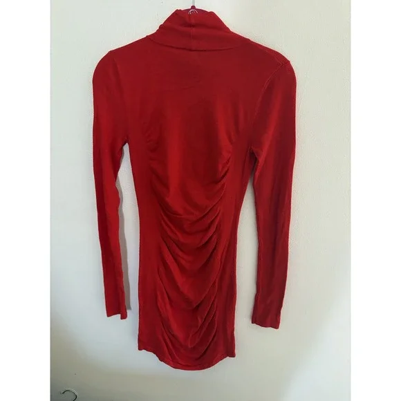 Express Red Ruched Turtleneck Long Sleeve Mini Dress XS Mock Neck Knit Bodycon - Picture 5 of 5